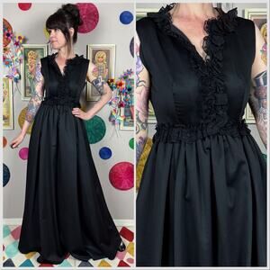 Vintage 1970s Black Sleeveless Ruffle Lace Satin Gown